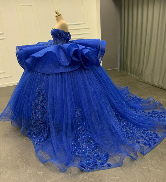 knee length dresses for ladies Royal Blue Long Sleeves Lace Prom Dresses,Ball Gown Quinceanera Dresses  OKK6  Demodresses