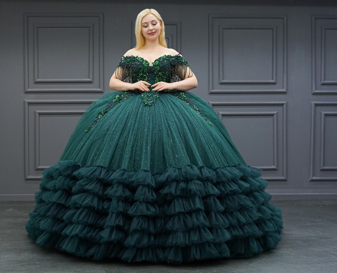 green quinceanera dresses Misshow Exquisite Emerald Green Quinceanera Dress Off-Shoulder Gold La main image 0