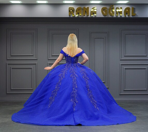 royal blue quince dresses Royal Blue Quinceanera Dresses Tulle Lace Beaded Princess Sweet 16 Bir –  Hebebridal main image 1