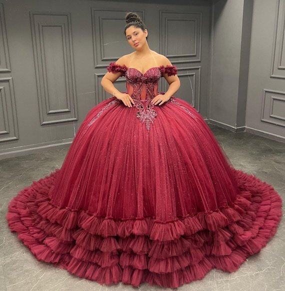 Burgundy Quinceañera Dress, Puffy Tulle Skirt Ball Gown