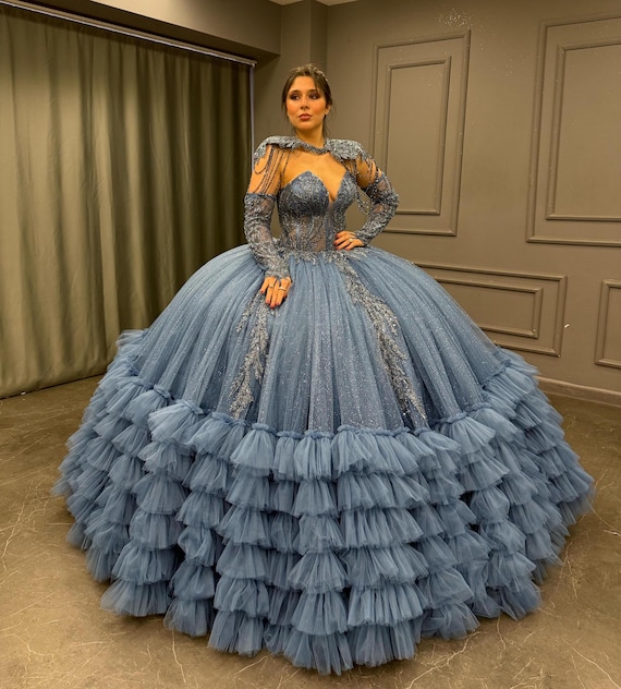 blue and silver quinceanera dresses MORILEE #34083 BAHAMA BLUE/SILVER Patterned Glitter Quinceaera Dress with Chandelier Beading