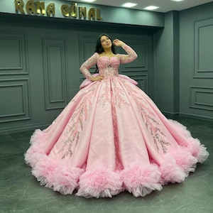 Pink Quinceañera Dress, Pleated Skirt Ball Gown