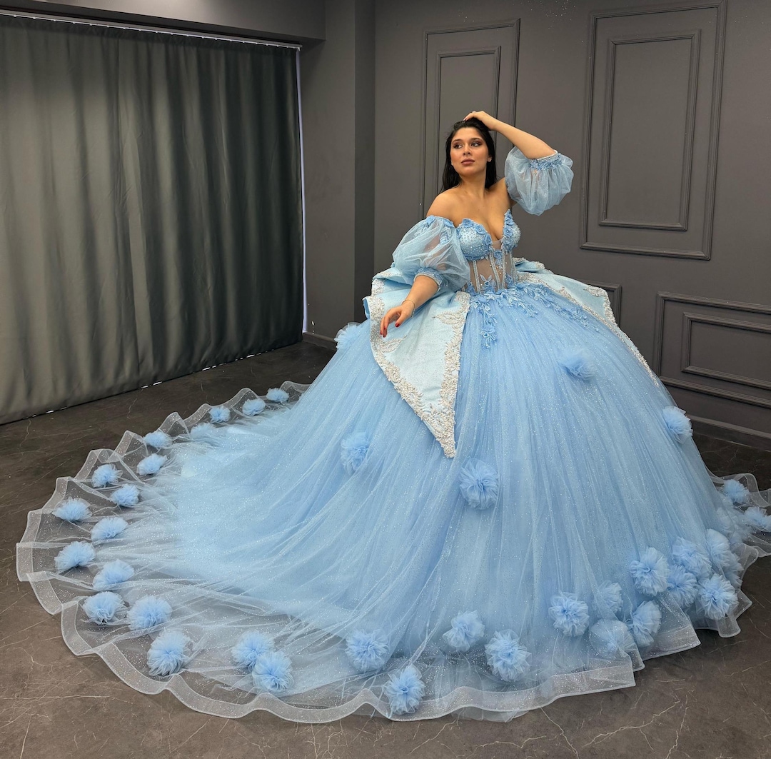 chinese dress ladies MisShow Navy Blue Tulle Quinceanera Dress Strapless Ball Gown with Detachable Bell Sleeves Beaded Appliques & Lace-Up Bow