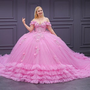 Pink Quinceañera Dress, Puffy Tulle Skirt Ball Gown