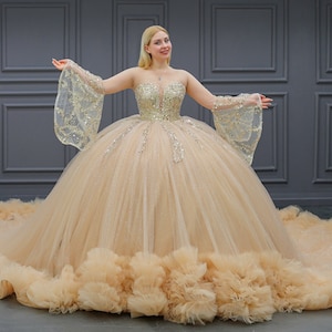 Gold Quinceañera Dress, Puffy Tulle Skirt Ball Gown