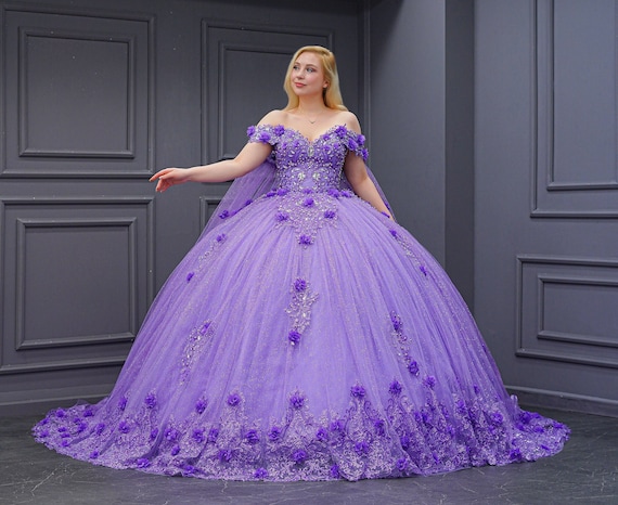 ライラックチュールボールガウン、花柄キンセアニェーラドレス ライラックチュールボールガウン、花柄キンセアニェーラドレス
