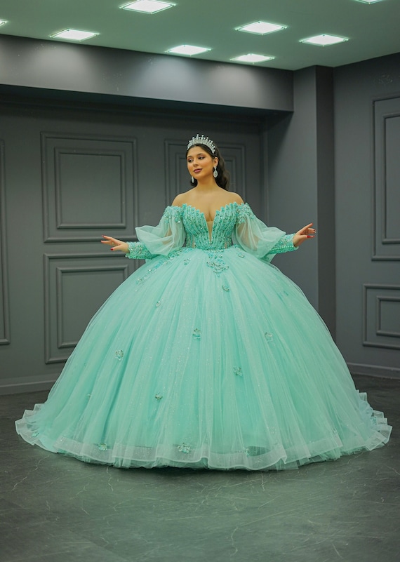 Green Quinceaera Ball Gown, Custom Wedding Dress - Etsy New Zealand Green Quinceaera Ball Gown, Custom Wedding Dress - Etsy New Zealand
