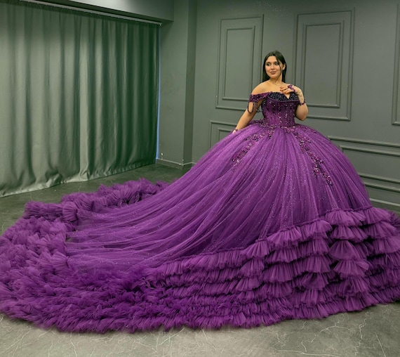 purple quince dresses Rhinestone Beaded Floral Embroidered Quinceanera Dress inspired look Purple lilac butterfly quince dress
