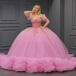 Pink Quinceañera Dress, Puffy Tulle Skirt Ball Gown
