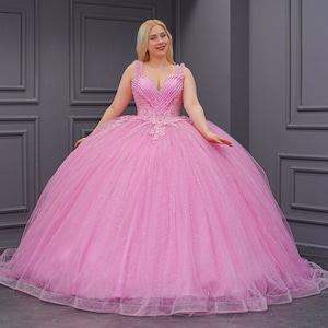 Pink Quinceañera Dress, Puffy Tulle Skirt Ball Gown