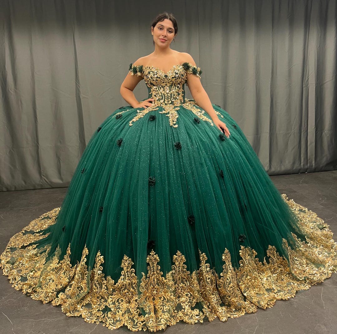 Vintage Green Beaded Tulle Pleated Ball Gown Green Formal Quinceanera Dress SP530 main image 1