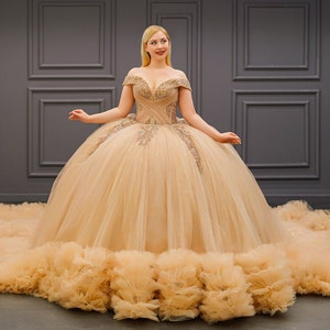 Gold Quinceañera Dress, Puffy Tulle Skirt Ball Gown