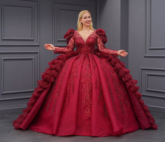 Burgundy Beaded Quinceaera Dress, Ruffled Ball Gown - Etsy