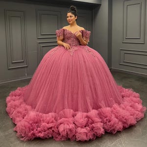 Pink Quinceañera Dress, Puffy Tulle Skirt Ball Gown