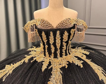 black with gold quinceanera dresses Elegant Black Alta Couture Quinceaera Dresses