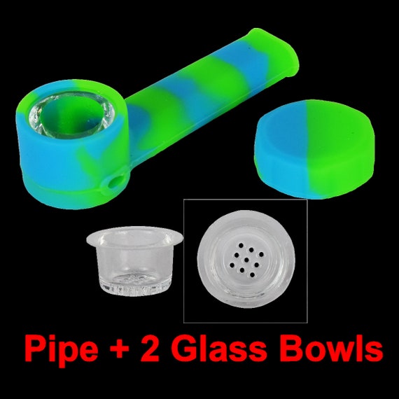 Silicone Pipe Glass Bowl & Cap Lid 2 Bowls Green Blue Etsy