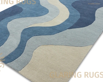Alfombra moderna hecha a mano con estampado de olas azules / Alfombra contemporánea para sala de estar - Hecha en India