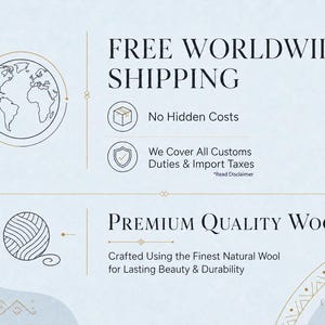 Może przedstawiać: Jasnoniebieska infografika z ikoną kuli ziemskiej, ikoną kłębka wełny i tekstem. Tekst brzmi: FREE WORLDWIDE SHIPPING, No Hidden Costs, We Cover All Customs Duties & Import Taxes, PREMIUM QUALITY WOOL, Crafted Using the Finest Natural Wool for Lasting Beauty & Durability, oraz GLARING RUGS.
