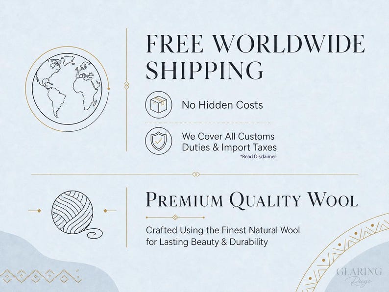 Może przedstawiać: Jasnoniebieska infografika z ikoną kuli ziemskiej, ikoną kłębka wełny i tekstem. Tekst brzmi: FREE WORLDWIDE SHIPPING, No Hidden Costs, We Cover All Customs Duties & Import Taxes, PREMIUM QUALITY WOOL, Crafted Using the Finest Natural Wool for Lasting Beauty & Durability, oraz GLARING RUGS.