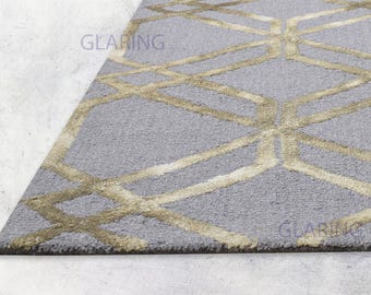 Handmade Wool Scandinavian Diamond Rug: Grey, Olive & Silver Geometric Carpet - Made in india