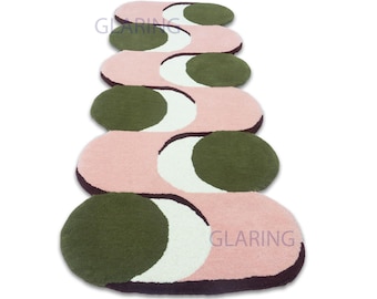 Handmade Wool Runner Rug: Modern Pink Green Abstract Carpet (2'6"x6')
