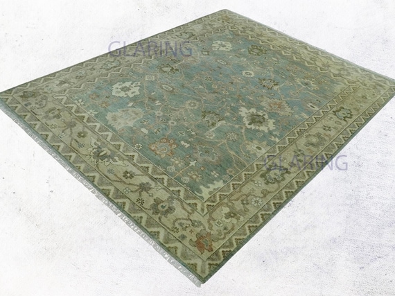Hand-Knotted Wool Oushak Rug: Beige, Green & Gray Floral Oriental Carpet - Made in india