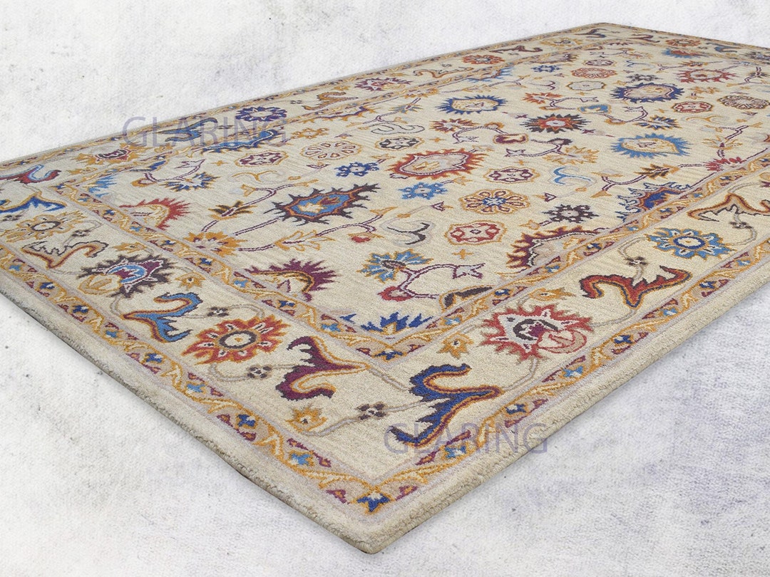 Handmade Wool Tufted Rug: Beige Bohemian Oriental Floral Design - Etsy