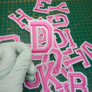 May include: A pile of pink and white felt letters, including the letters D, I, K, and Y. The letters are arranged in a random order and are all the same size.