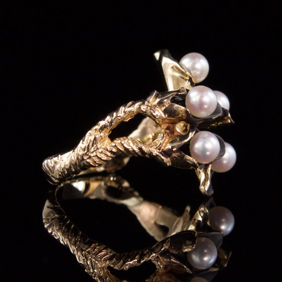 Size 6 Solid 14k Gold Enamel and Pearl Ring - image 2