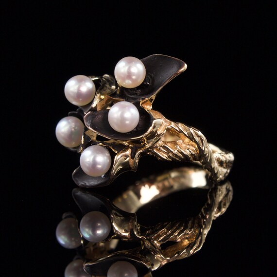 Size 6 Solid 14k Gold Enamel and Pearl Ring - image 4