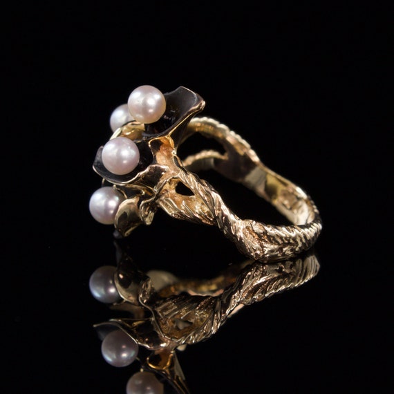 Size 6 Solid 14k Gold Enamel and Pearl Ring - image 5