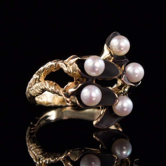 Size 6 Solid 14k Gold Enamel and Pearl Ring - image 1