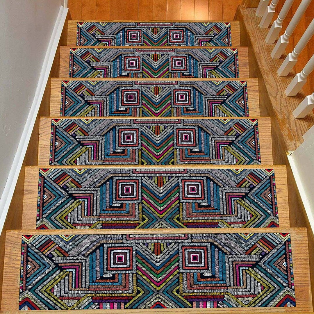 Geometric Stair Treads Rug Navy Blue Stair Carpet Nonslip Etsy