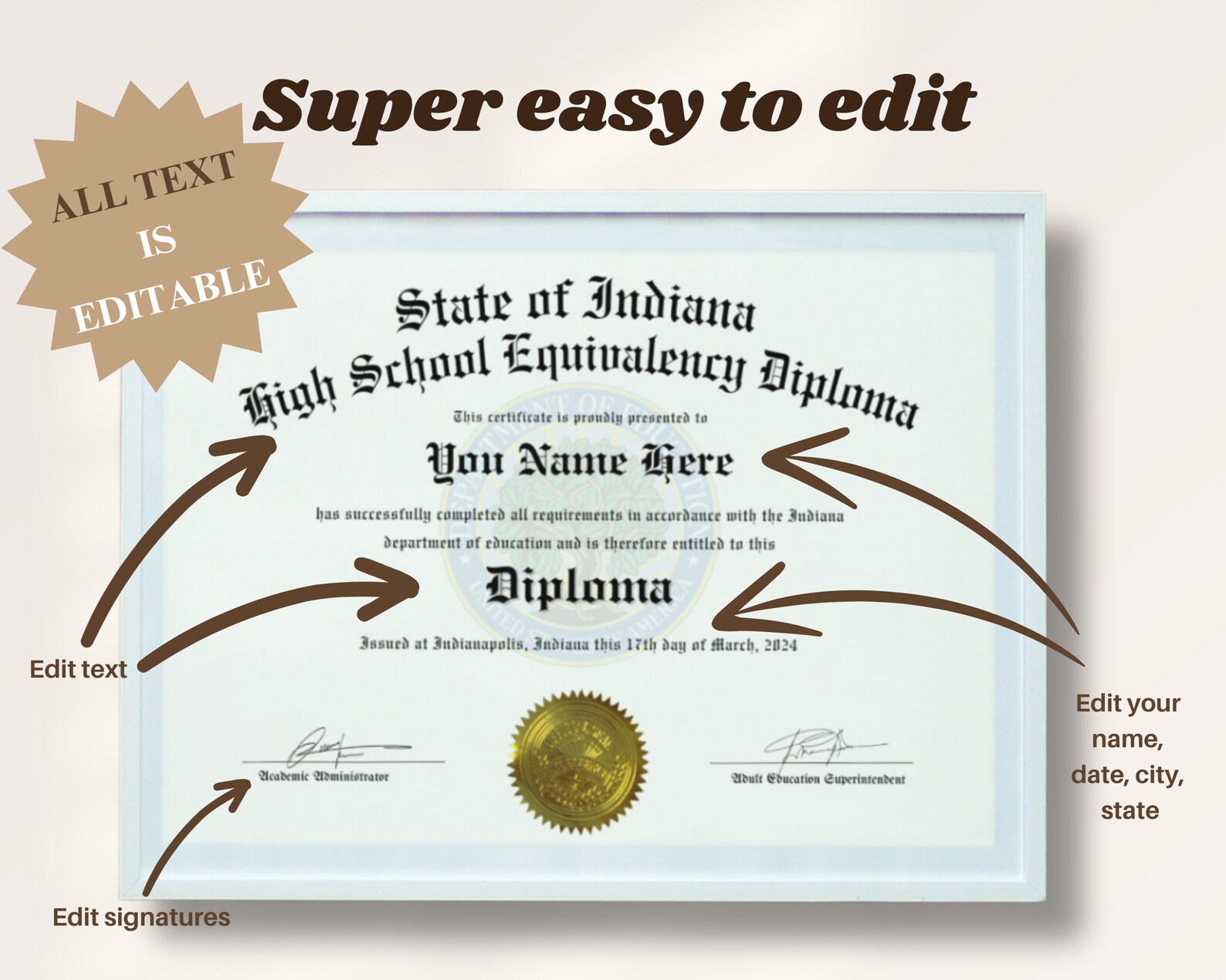 Editable GED Diploma High School Graduate Diploma Printable and ...