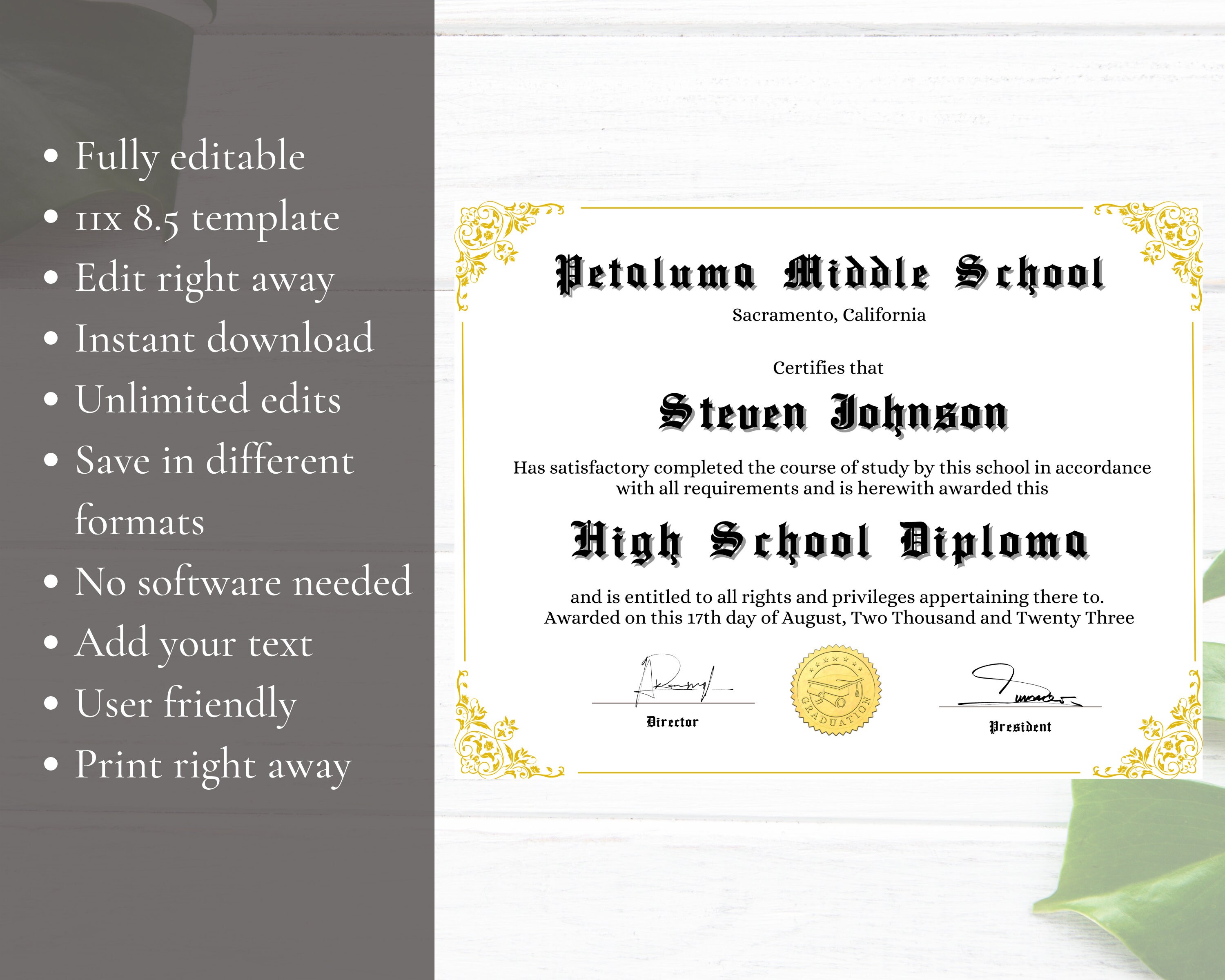 High School Diploma Editable Home School Diploma Printable Etsy