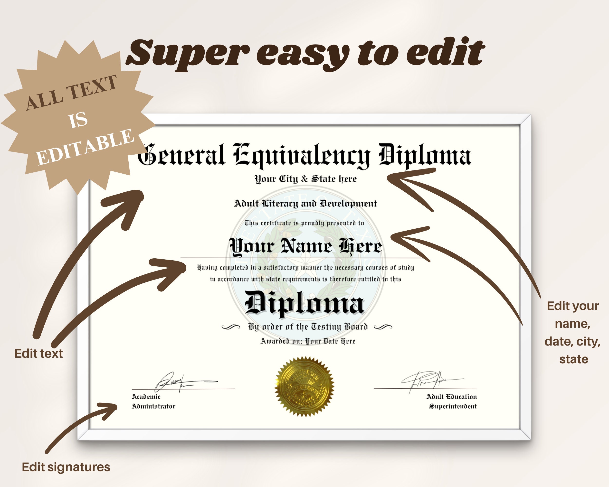 TEXAS GED Diploma Template With Seal Editable Template Printable TEXAS GED Diploma Template With Seal Editable Template Printable