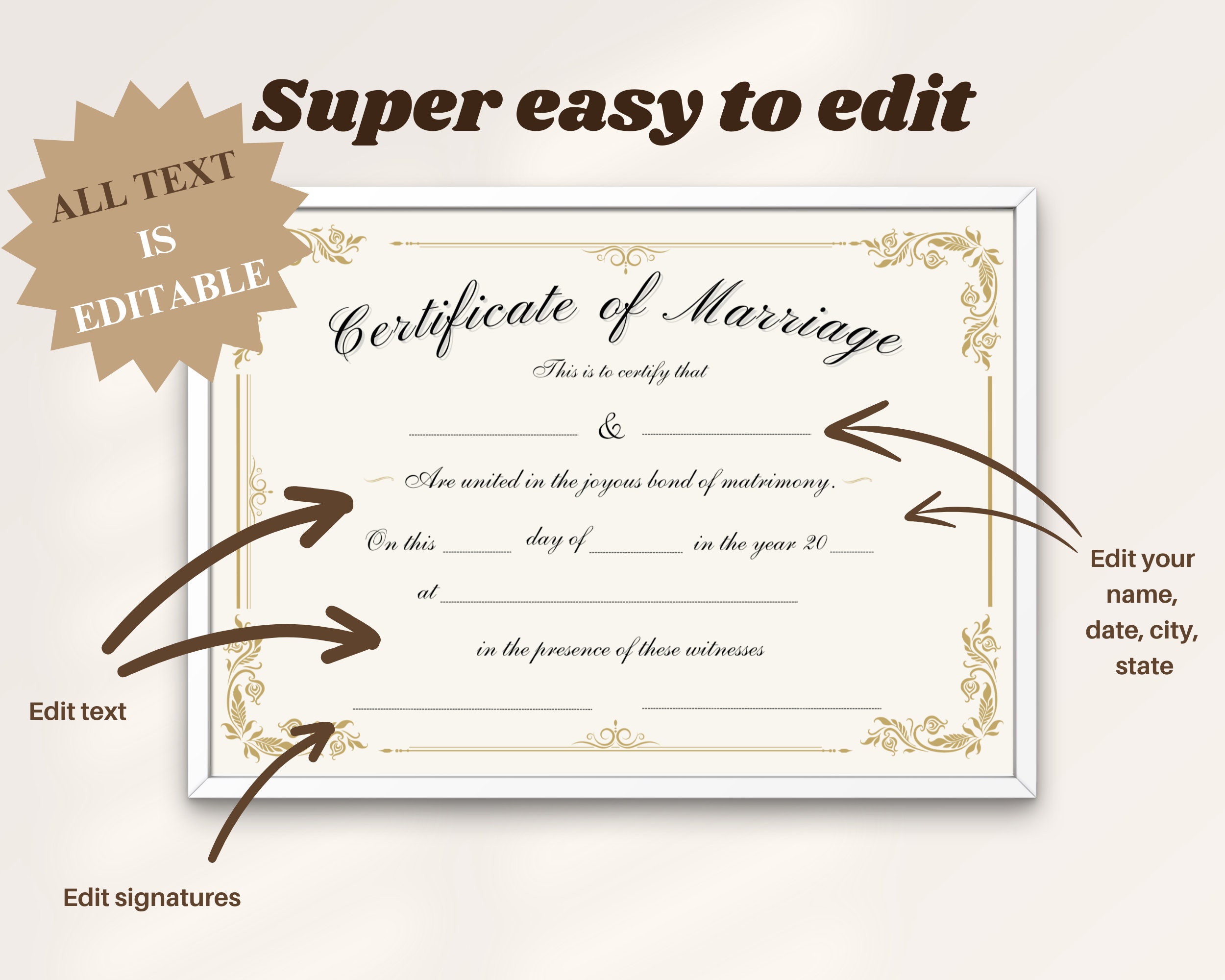 Blank Marriage Certificate Template Editable in Canva Marriage Keepsake