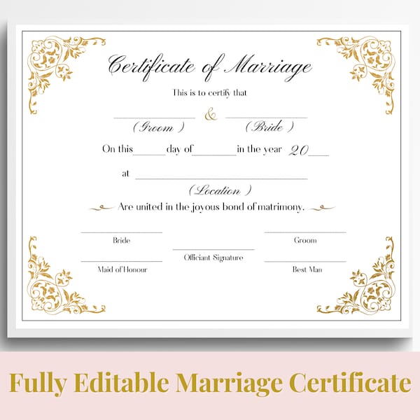 Editable Marriage Certificate Template, Custom Certificate Of Marriage, Printable Wedding Certificate, Canva Wedding Keepsake. TDS-10