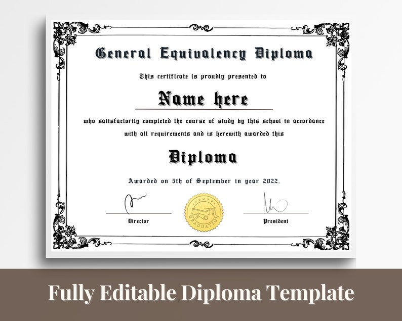 Editable GED Diploma Template With Gold Seal, Printable General ...
