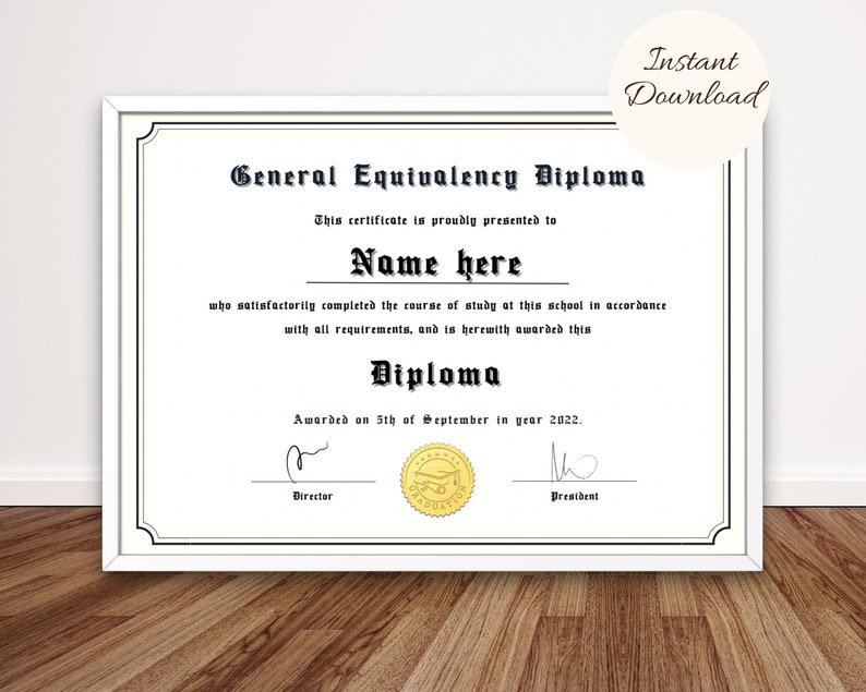 Capture your educational milestone with this GED diploma template elegantly presented in a white frame. Showcase your determination and success with this customizable design, a symbol of personal growth and achievement.