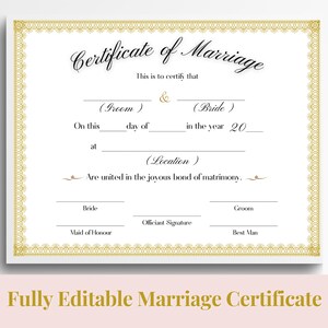 Editable Marriage Certificate Template, Custom Certificate Of Marriage, Printable Wedding Certificate, Canva Wedding Keepsake. TDS-10