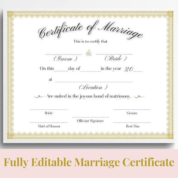 Editable Marriage Certificate Template, Custom Certificate Of Marriage, Printable Wedding Certificate, Canva Wedding Keepsake. TDS-10