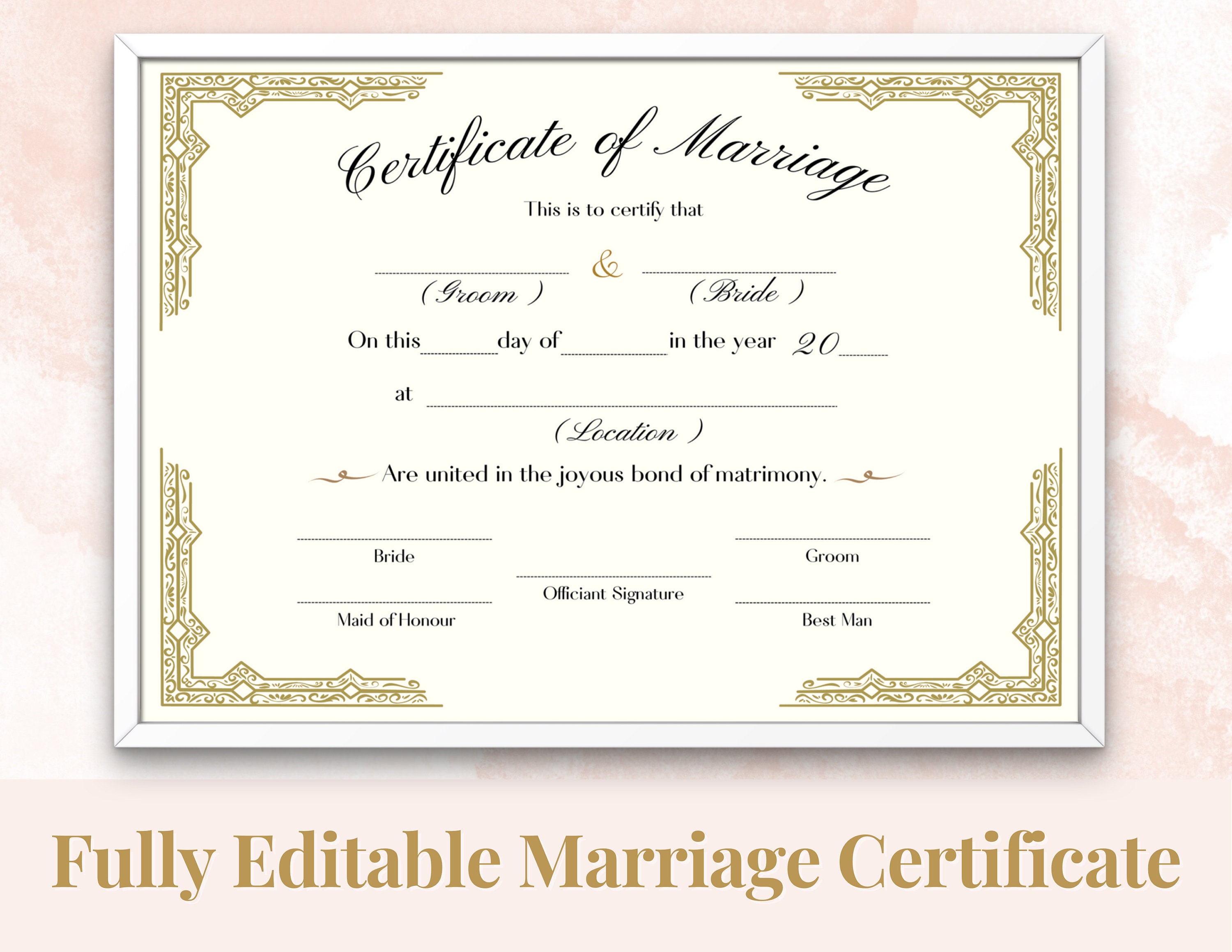 Plantilla de certificado de matrimonio imprimible para recién casados ...