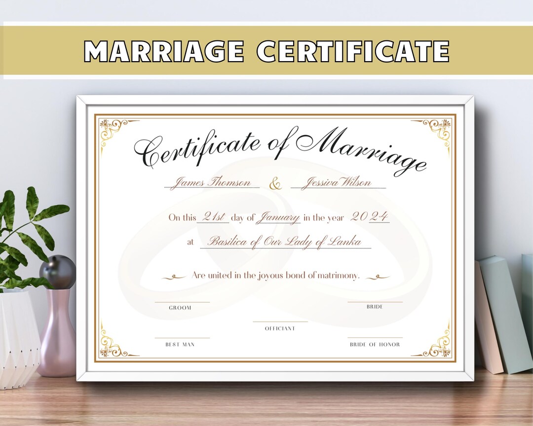 Custom Certificate of Marriage Template With Gold Frame Editable ...