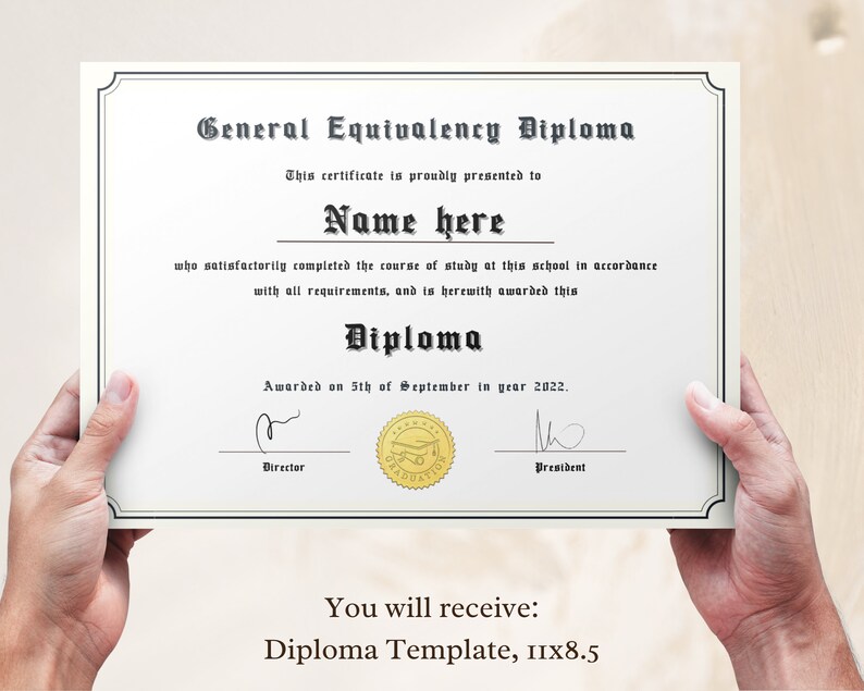 GED Diploma with Gold Seal Printable General High School Equivalency Diploma Template Editable Graduation Certificate Instant Download image 8