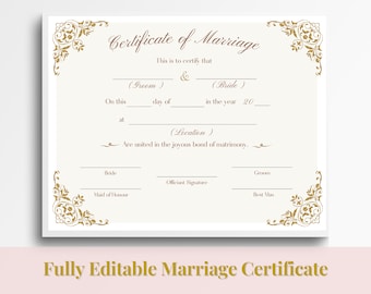 Marriage certificate template for newlyweds, Editable marriage keepsake, Wedding personalized gift for bride and groom