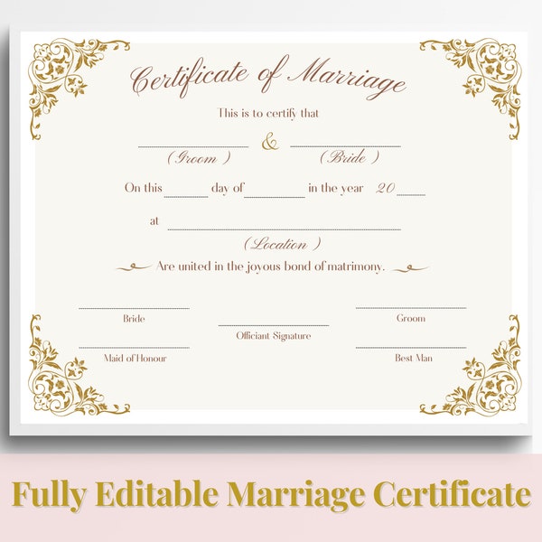 Marriage certificate template for newlyweds, Editable marriage keepsake, Wedding personalized gift for bride and groom