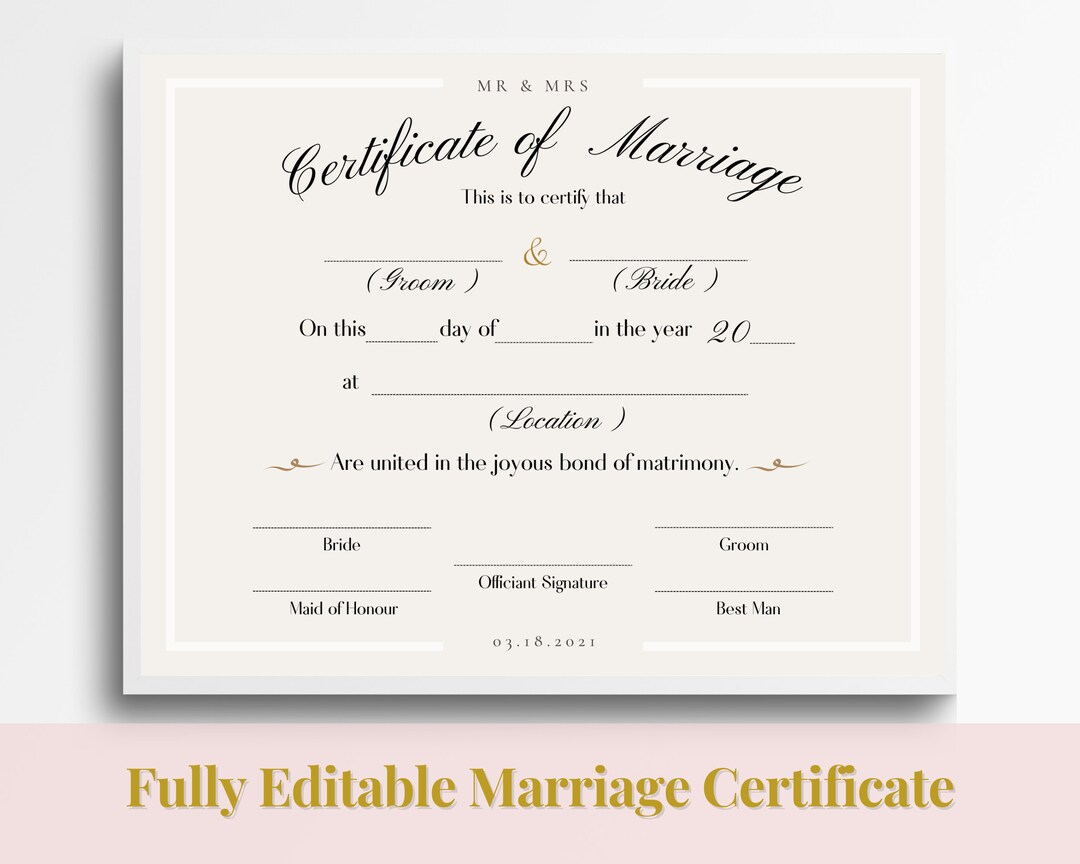 Editable Marriage Certificate Template, Custom Certificate of Marriage, Printable Wedding ...