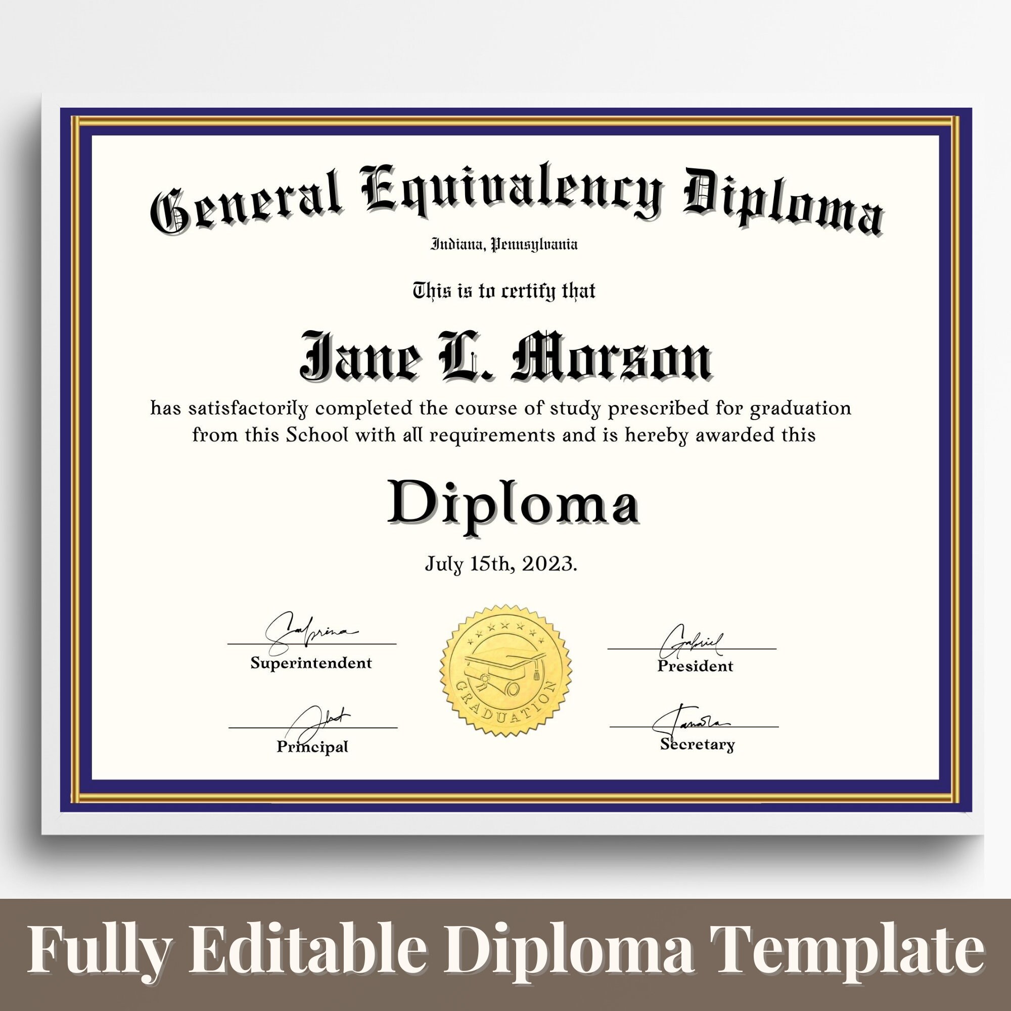 General Equivalency Diploma Template, High School Diploma Printable ...