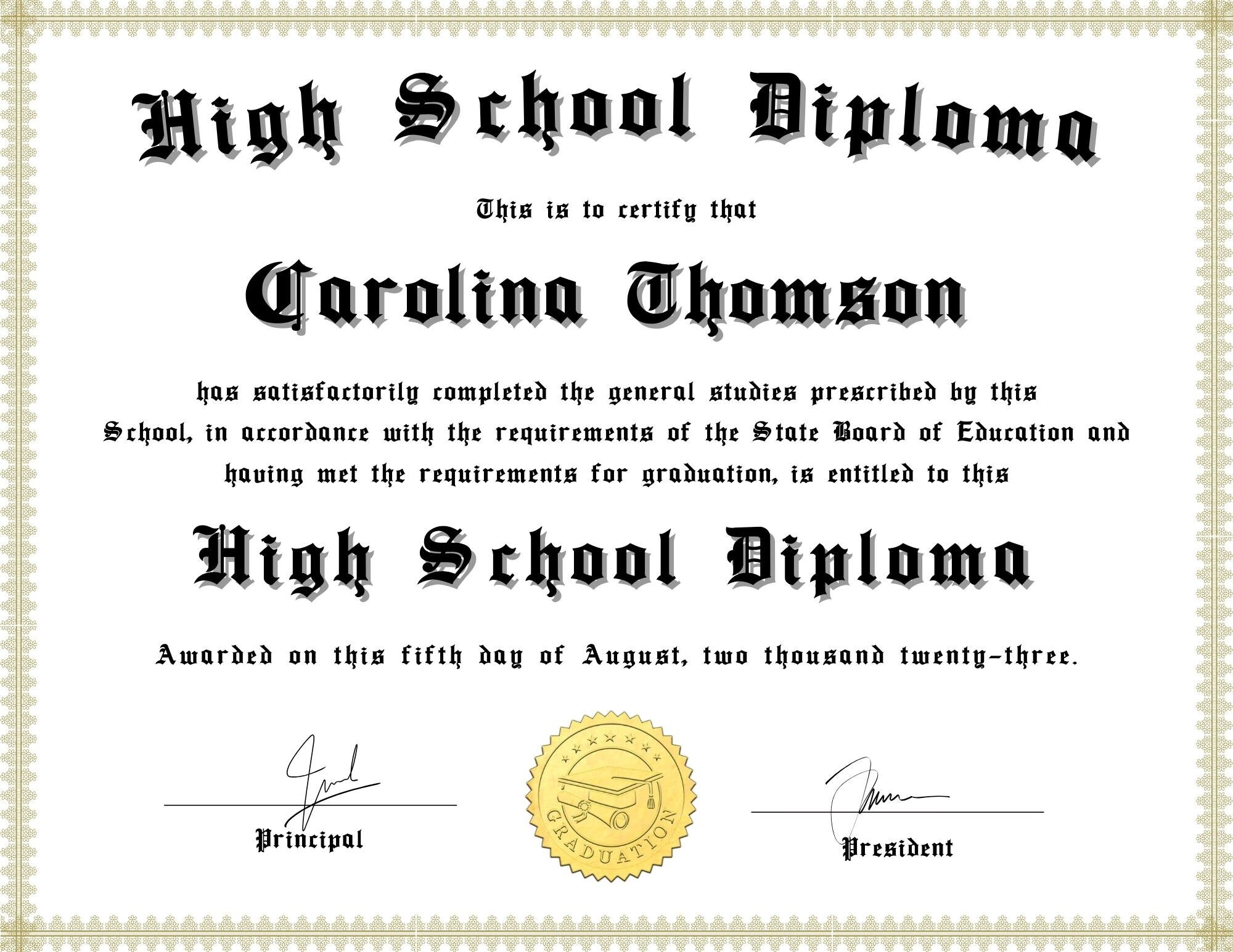 High School Diploma With Gold Seal, Printable General High School